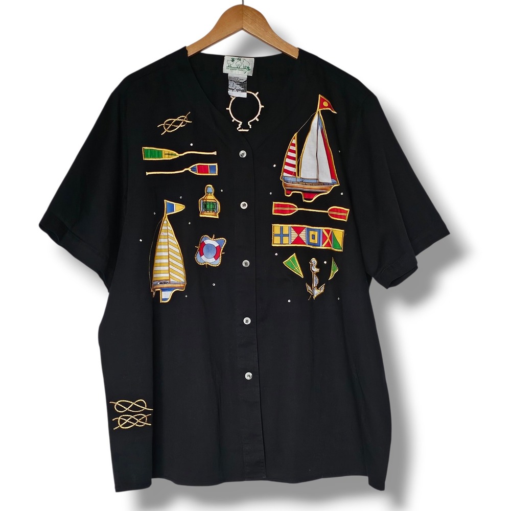 Quacker Factory Button Up Shirt 2X Womens Black‎ Nautical Sailboat Embroidered